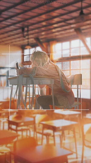 Anime girl with headphones in a classroom