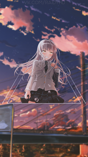 Anime girl with long hair in school uniform against sunset sky