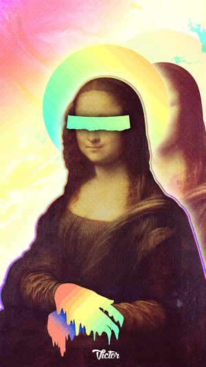 Mona Lisa with rainbow halo and blindfold