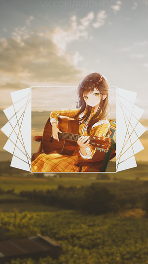 Anime girl playing guitar in a field