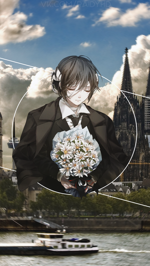 Anime boy holding a bouquet in front of Cologne Cathedral