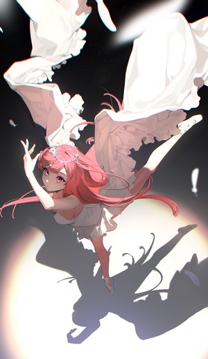 Anime girl with pink hair and white dress dancing