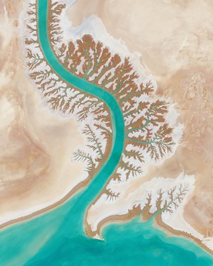 Aerial view of a turquoise river delta in a desert