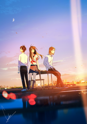 Anime characters on a rooftop at sunset