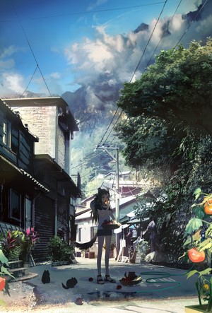 Anime girl with animal ears and tail in a village