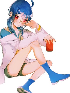 Anime girl with blue hair and red eyes holding a can