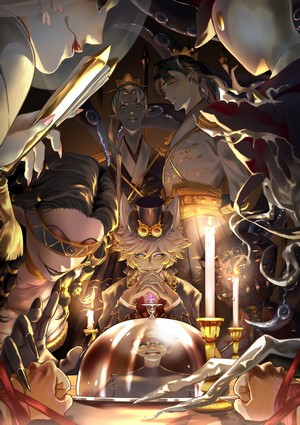 Characters gathered around a table in Identity V