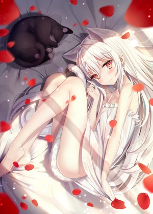 Anime girl with neko ears and cat on a bed