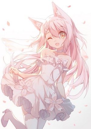 Anime girl with fox ears in a white dress