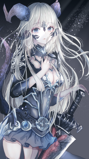 Anime girl with white hair and horns holding a sword