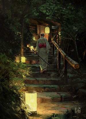 Woman in Kimono with Katana on Lantern-Lit Stairs