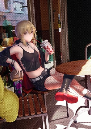 Saber Alter from Fate/Grand Order drinking from a cup