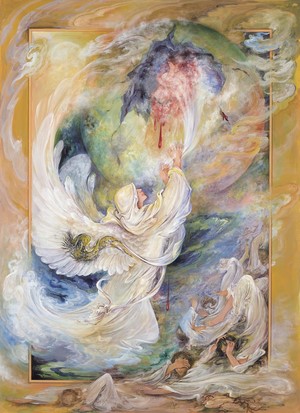 Artwork from Iran depicting angelic figures and a serpent