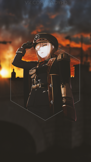 Saber Alter from Fate Series saluting at sunset