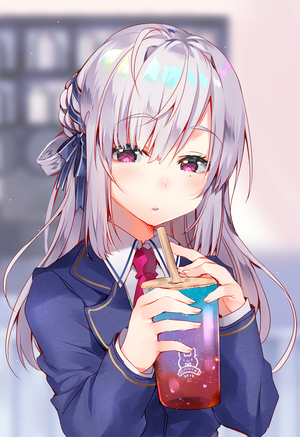 Anime girl with purple eyes drinking bubble tea