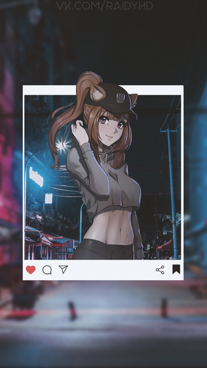 Anime girl with cat ears in a city at night