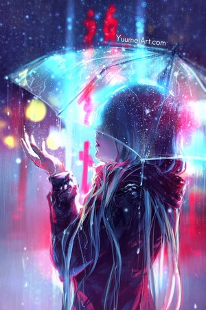 Anime girl with umbrella in the rain at night