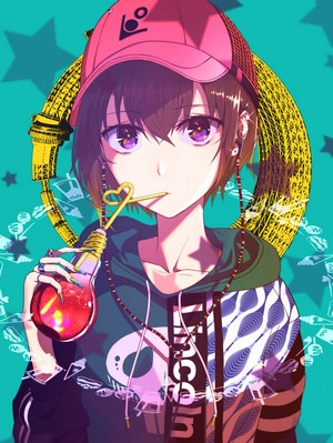 Anime girl with pink cap and lightbulb drink