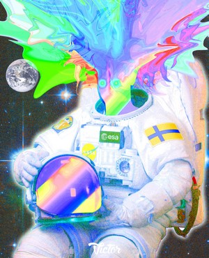 Astronaut with colorful explosion from head and Earth in space