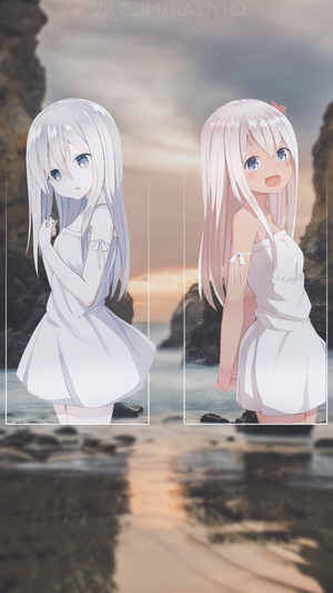 Two anime girls in white dresses on a beach
