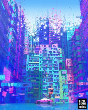 Love Death & Robots Glitch Art Cityscape with Car