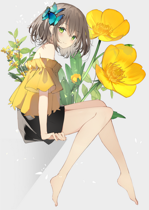 Anime girl with butterflies and yellow flowers