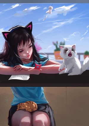 Girl with cat ears and cats on a table