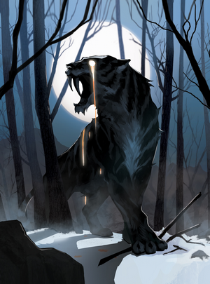 Sabertooth tiger in a moonlit forest with glowing eyes