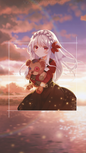 Anime girl with teddy bear at sunset
