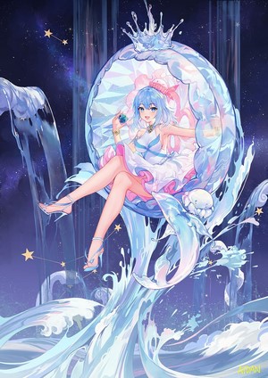 Anime girl with blue hair in a water crown