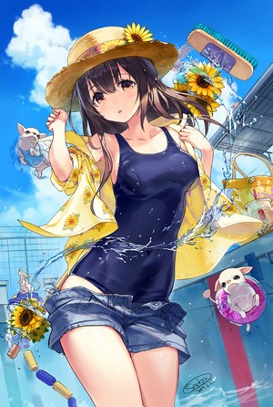 Anime girl in swimsuit and straw hat with sunflowers