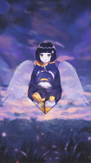 Anime girl with wings holding a penguin plush