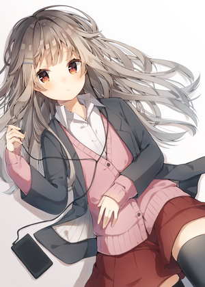 Anime girl with long gray hair wearing earphones