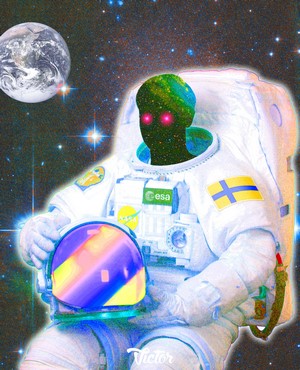 Astronaut in space with galaxy head and Earth in background