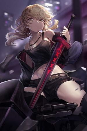 Anime girl with blonde hair holding a sword