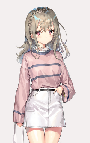 Anime girl with long hair wearing a sweater and skirt