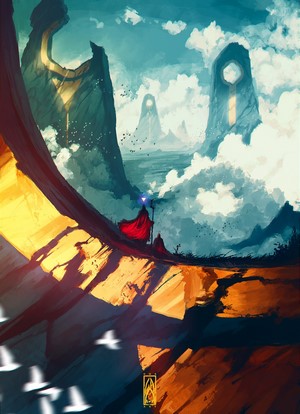 Fantasy landscape with wizards and monuments