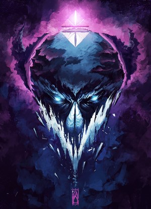 Dark Skull with Purple Smoke and Pyramid