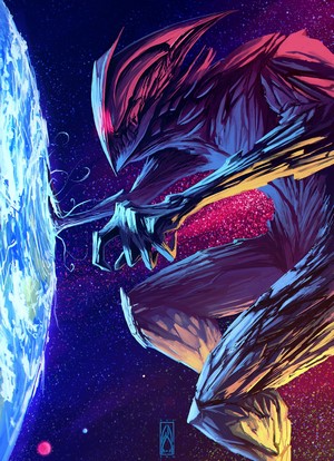 Abstract creature touching a planet in space