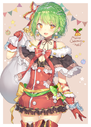 Anime girl in Christmas outfit holding a gift bag