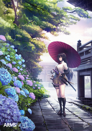 Anime girl with umbrella and swords in the rain