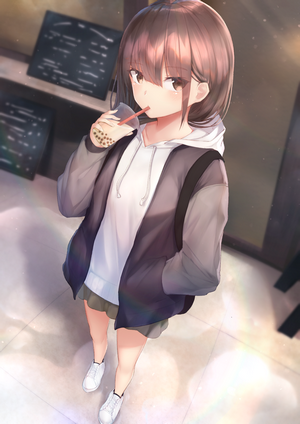 Anime girl with short brown hair drinking bubble tea