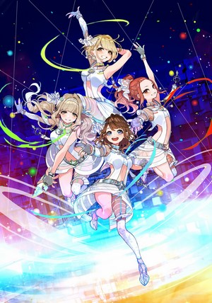 Four anime girls in futuristic outfits dancing