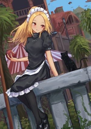Anime girl in maid outfit with black cat