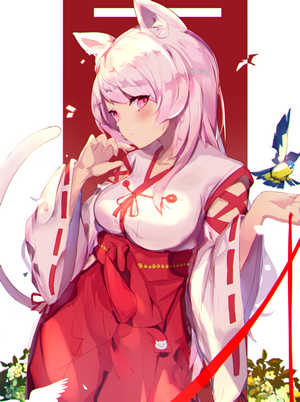 Anime girl with neko ears in shrine maiden outfit