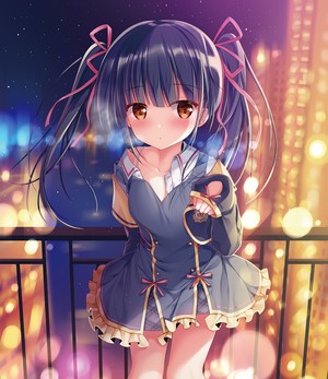 Anime girl with pigtails on a balcony at night