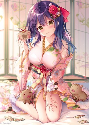 Anime girl in kimono with boars