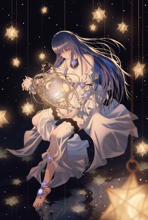 Anime girl with blue hair holding a celestial orb