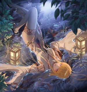 Fantasy blonde anime girl lying in water with lanterns