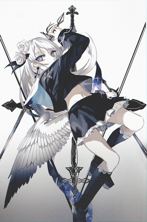 Anime girl with white hair and swords
